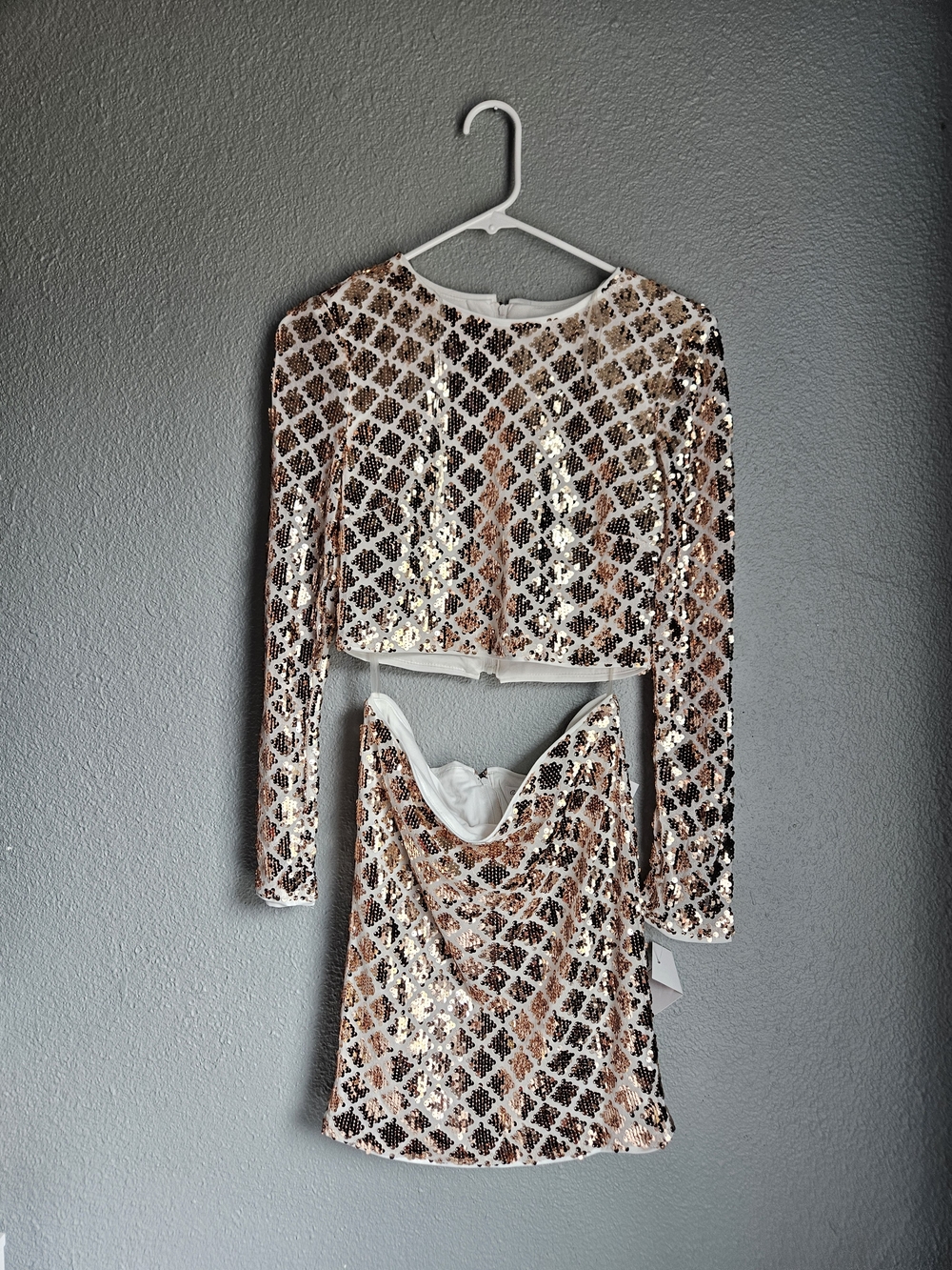 Crystal Doll Rose Gold Sequin 2 Piece Matching Set Crop & Mini Skirt 5 Juniors